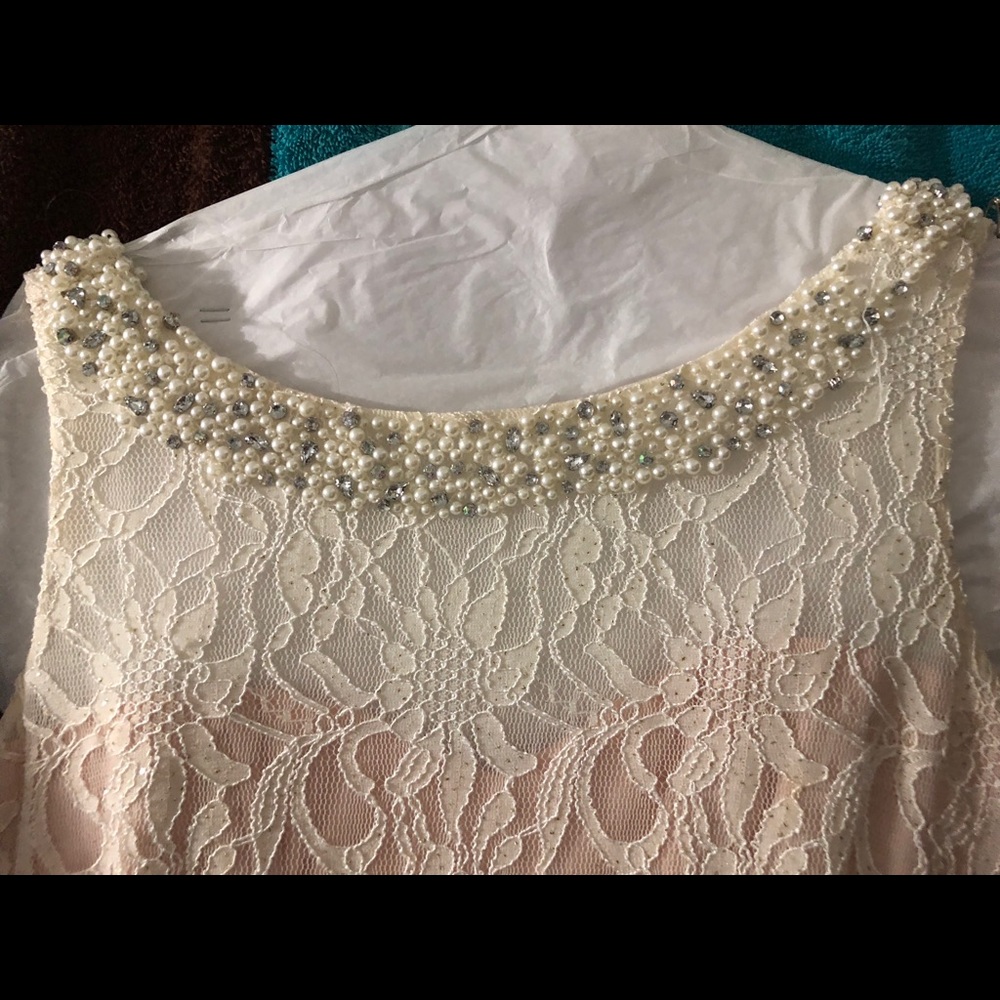 Beautiful Lace White and Pink Long Evening Gown